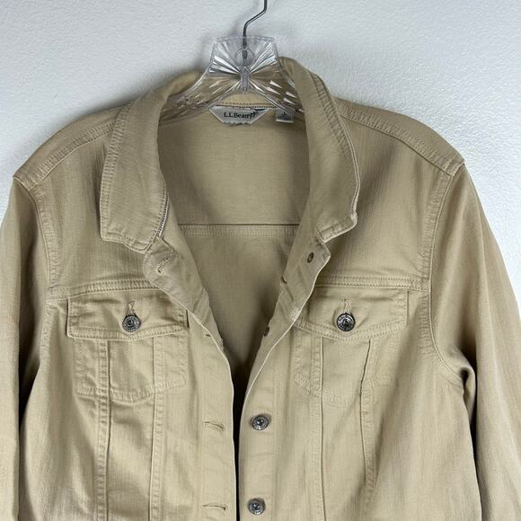 L.L. Bean Womens Tan Denim Jacket Size Large Khaki Button Front Casual - Picture 4 of 8